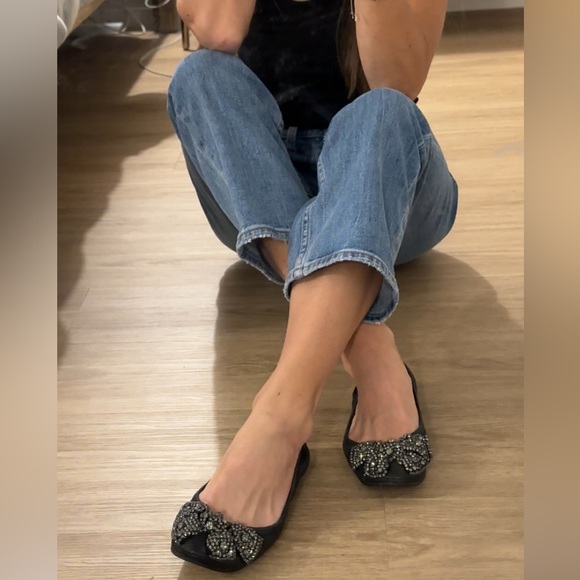 Tory Burch Black Leather Crystal Embellished Bow Eddie Ballet Flat - Picture 7 of 9